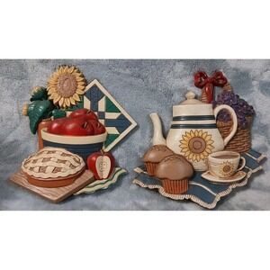 1997 Homco Kitchen Wall Hangings Set Of 2 Teapot Bread Pie Apples Sunflower READ